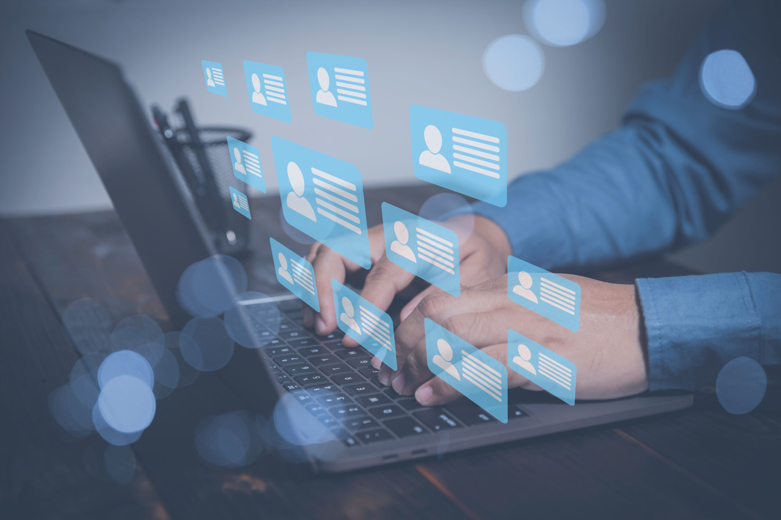 Manager human resources checking CV online to choose the perfect employee for his business. Search of employees interview by technology digital internet online simplifying the human resources system. How Recruiting Works